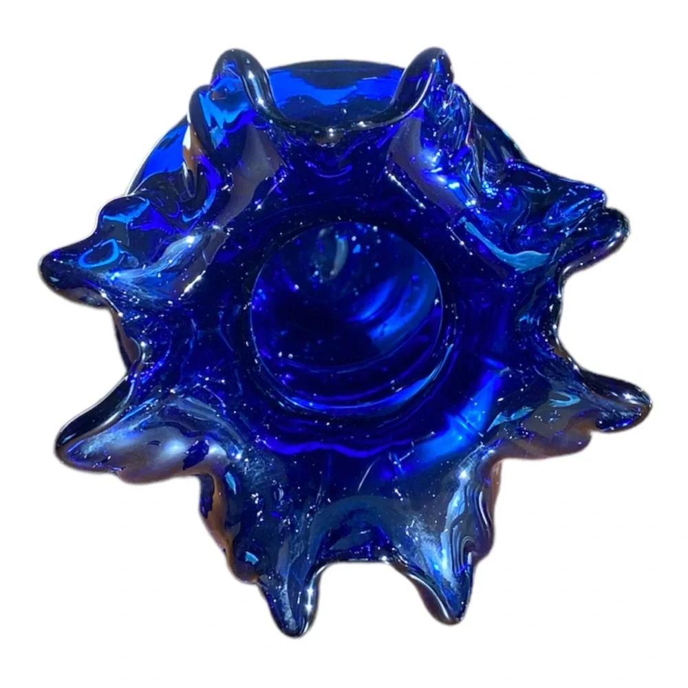 Vintage Mid Century Cobalt Blue Ruffled Glass Vase